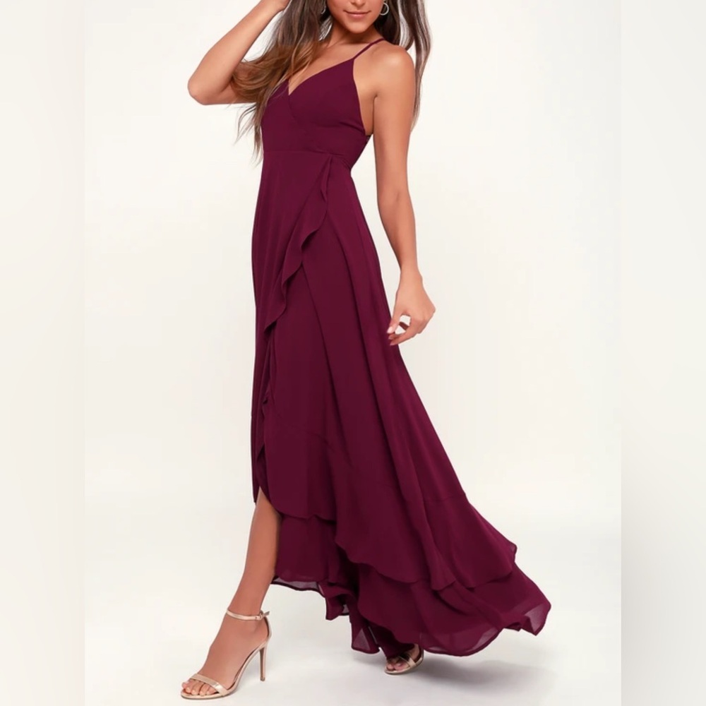 Lulus - NWT women's In Love Forever plum lace up high low Maxi Shiffon Dress XS - Picture 4 of 12